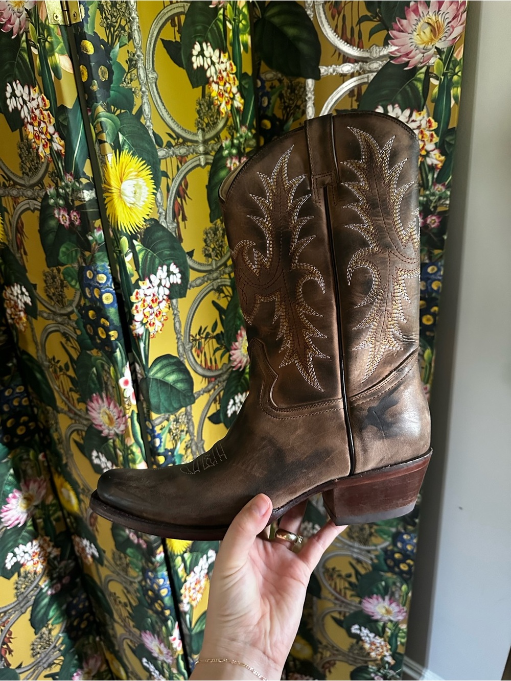 Rockin Leather Brown Leather Western Boot Square Toe Classic Rustic Style 9.5
